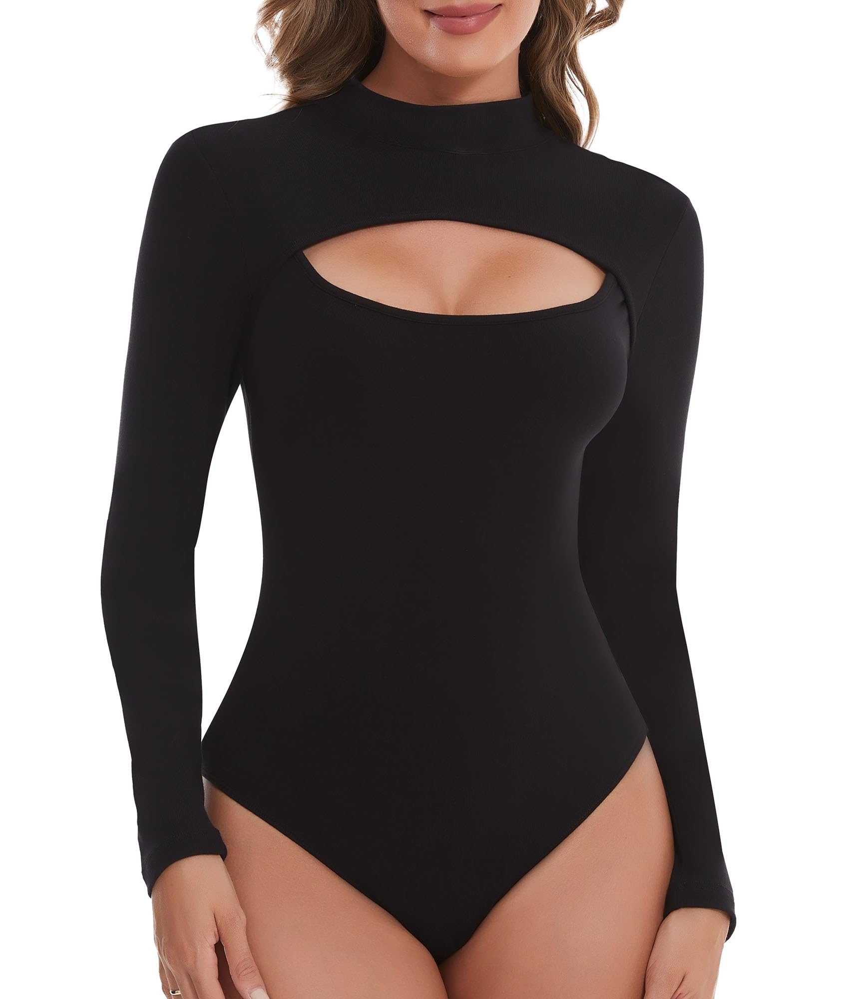 SHAPERIN Body Mujer Manga Larga Bodysuit de Cuello Alto Leotardo Elástico Jumpsuit Top Long Sleeve Cutout Front