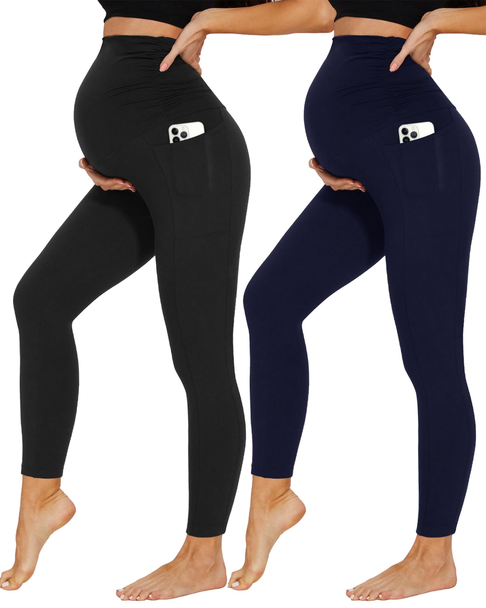DDOBB 2 Pack Maternity Leggings Over Bump with Pockets High Waist Black Soft Belly Support Stretchy Pregnancy Pants Yoga Workout Pajama Trousers — view 9
