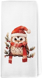 Dibor Christmas Owl Kitchen Towels Dishcloth, Owl Gifts for Wommen, Bird Decor Dish Towels, Rustic Farmhouse Winter Christmas Bird Decor Dish Towel Hand Tea Towel for Bathroom Kitchen, 16x24