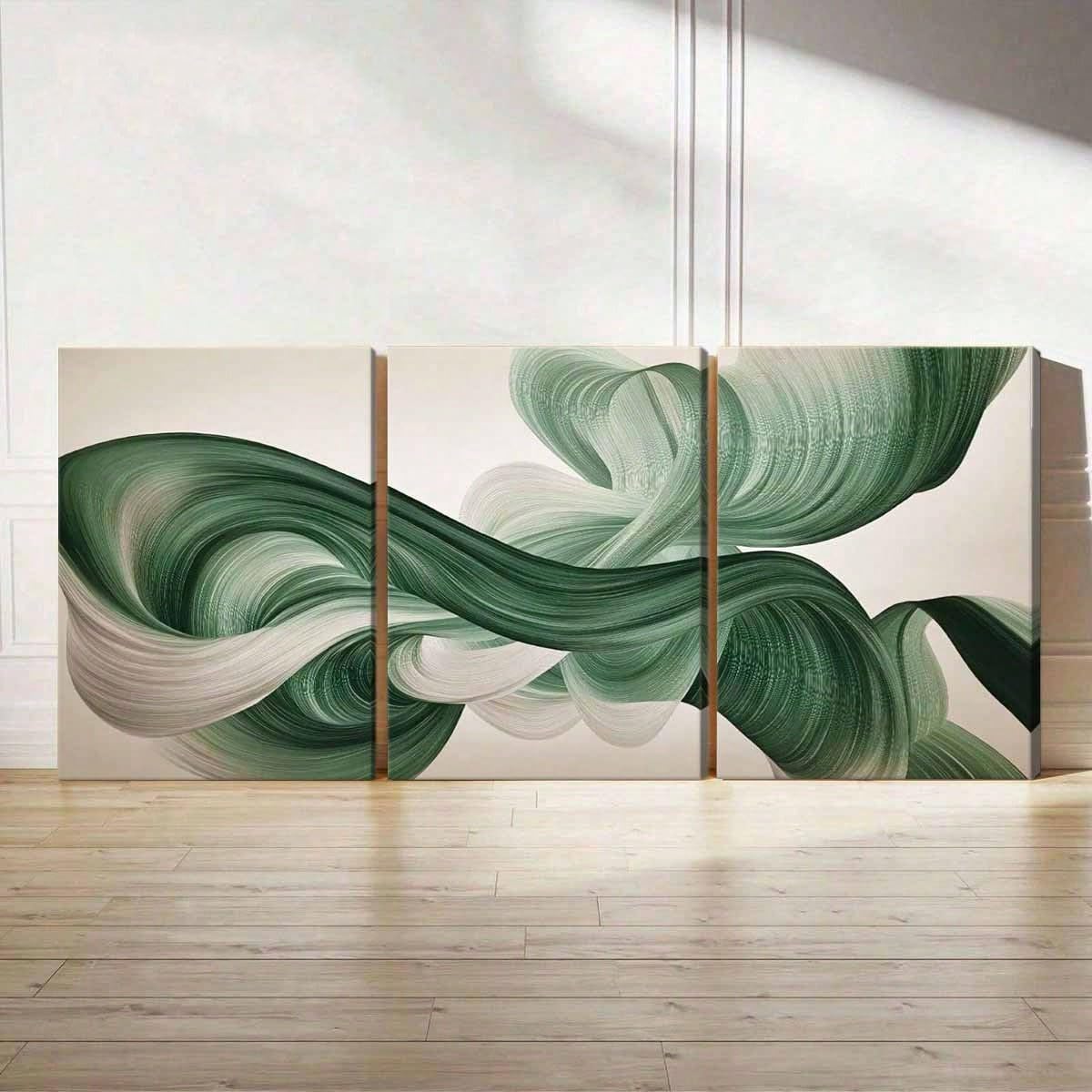 3 lienzos decorativos abstractos con remolinos verdes y blancos para la decoración de habitaciones (50x70cm x 3 / Sin marco)