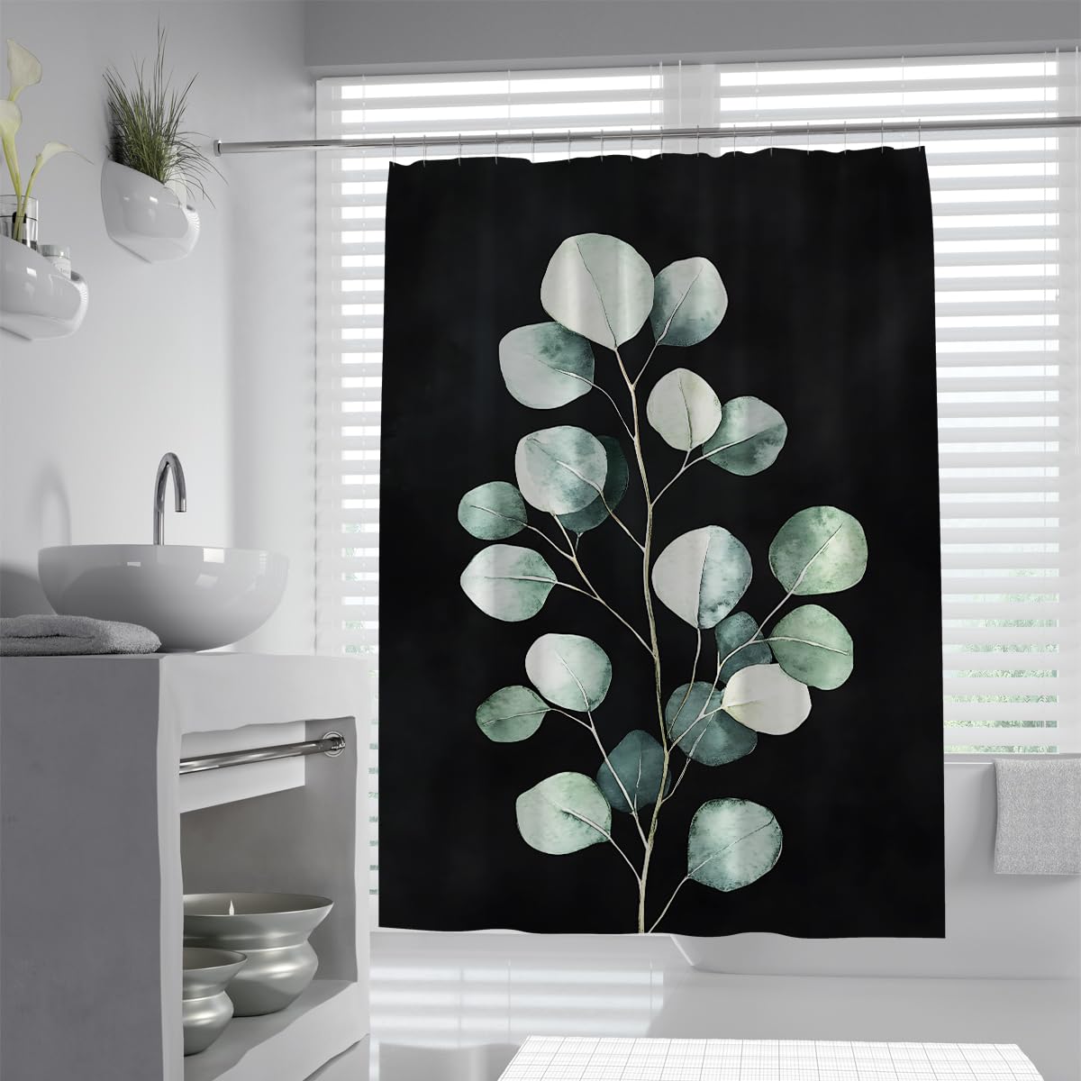 UIRINGART Elegant Black Silver Eucalyptus Shower Curtain W160xL200cm Minimalist Botanical Tree Leaves Polyester Waterproof Mildew Resistant Bath Curtains With Hooks