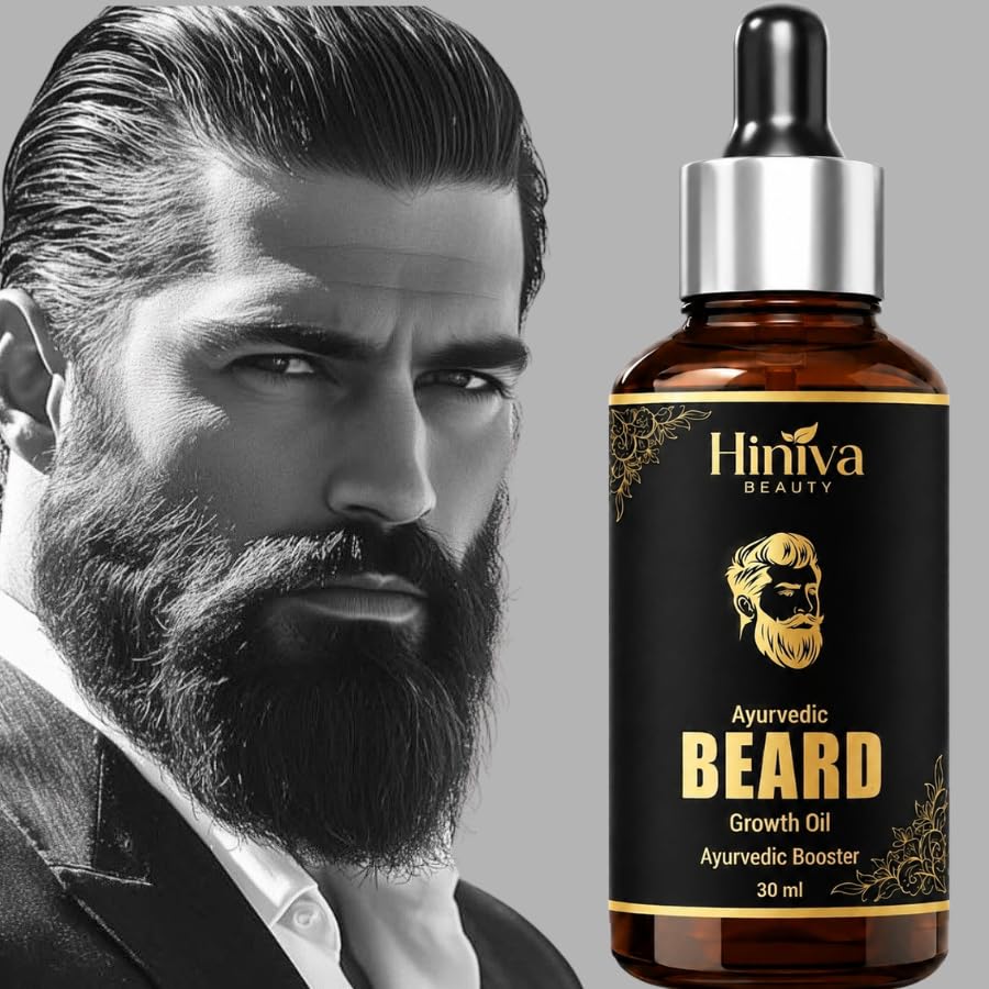 Image of Hiniva Ayurvedic Beard Growth Oil for Men | Beard Growth & Thickening Oil | Reduces Beardruff, Dryness & Itching | Softens, Nourishes & Strengthens Beard | Herbal Blend with Castor, Amla, Bhringraj & Black Seed Oil | 30ml