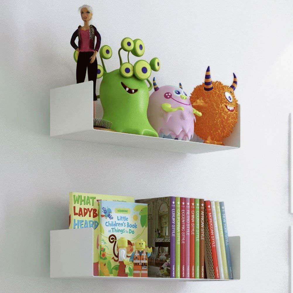 OGFC 28787 Wall Mount Metal 18 Inch U Shape Floating Book Shelves Book Display Storage for Kids Room or Kindergarten White Shelf Set of 2-image-1