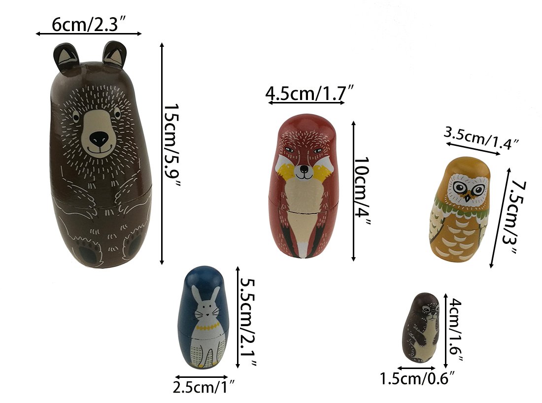 Winterworm - Set di 5 bambole russe lucide a tema animale, orso, volpe, gufo, coniglio, talpa, fatto a mano, per lo sviluppo di abilità