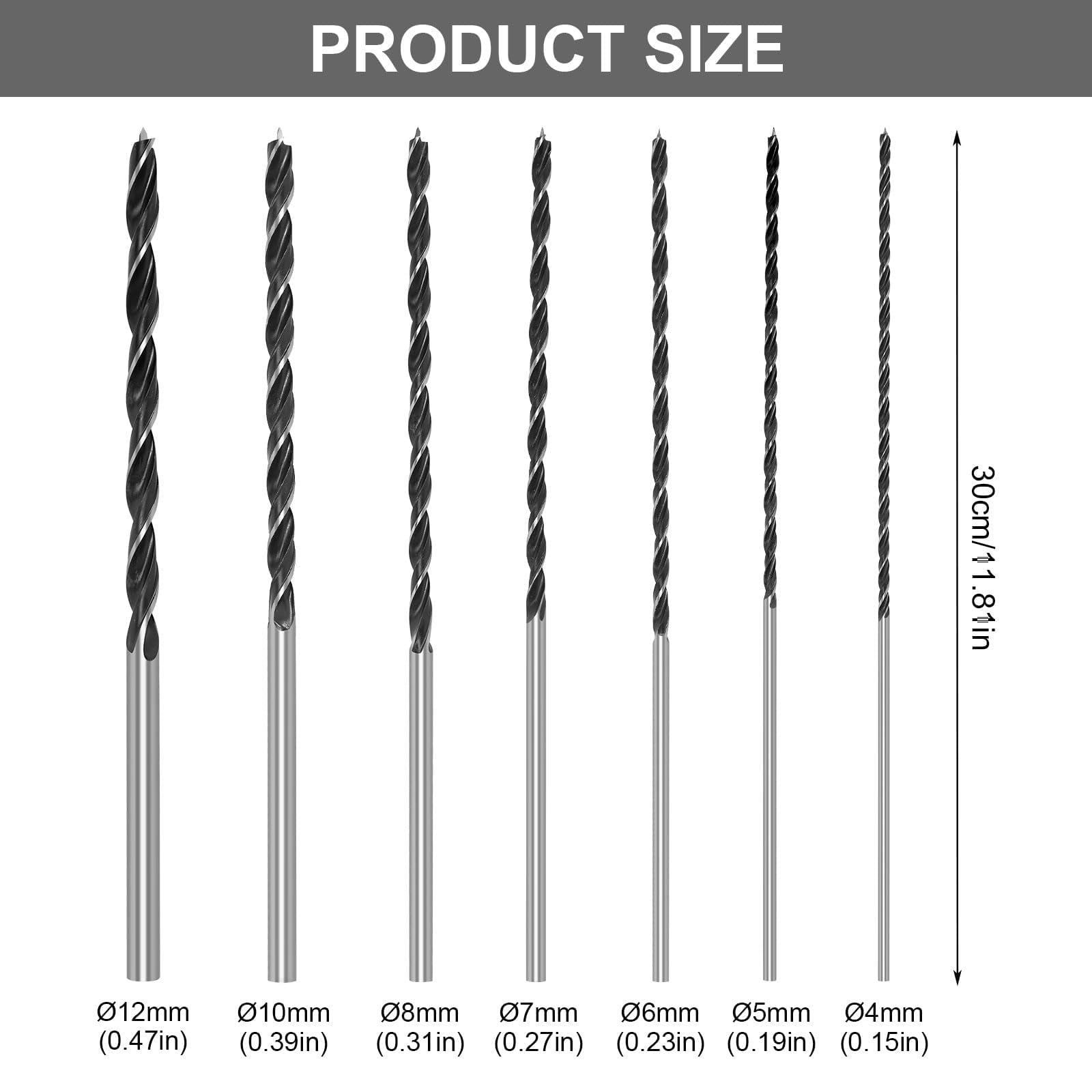 Juego de brocas para madera, 7 piezas, 4, 5, 6, 7, 8, 10, 12 mm x 300 mm, broca larga para madera contrachapada, ladrillos