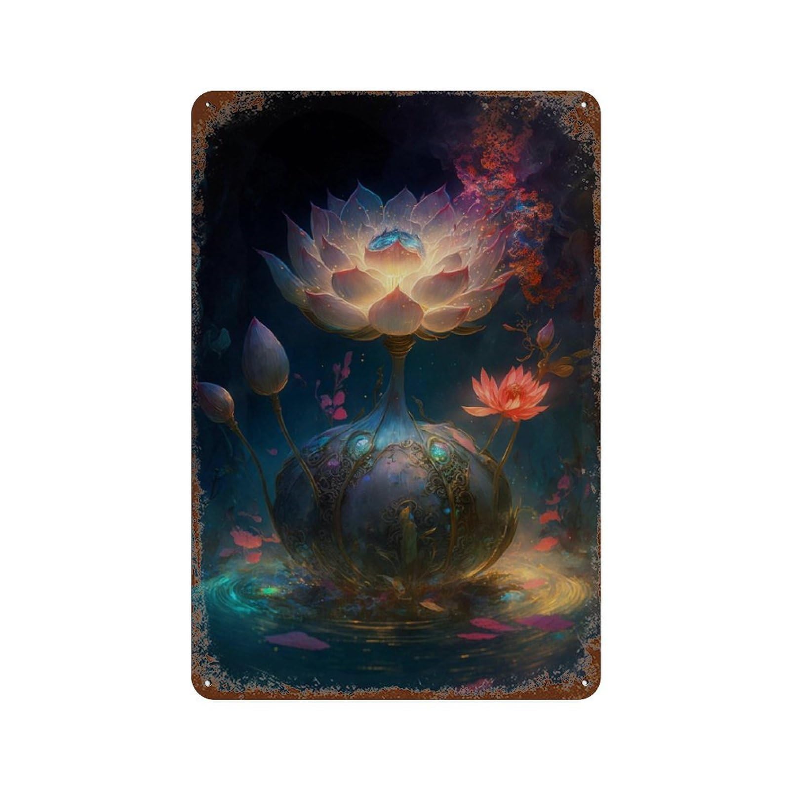 Enchanted Lotus Pond Weathered Tin Sign 11.8"x7.9", Farmhouse Wall Decor for Garage, Pub Or Kitchen
