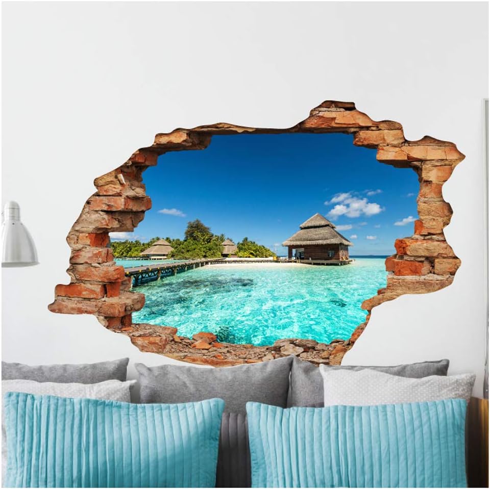 Sticker 3D Effect |Wall Decal Tropical Landscape– Wall Paper Decoration Optical Illusion Room and Living Room - 60 x 90 cm