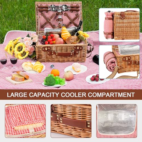 Wicker Picnic Basket Set for 4 Person with Cooler Compartment and Waterproof Picnic Blanket,Removable Strap,Wine Bag,Cutlery Set,for Camping,Day Travel,Beach,Hiking,BBQ and Family/Couples Gifts (Red) by DHAEE - Image 5