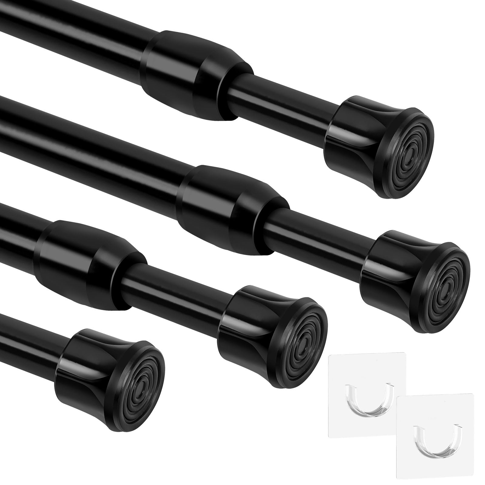 4 Piece Shower Rod Without Drill Stainless Steel Curtain Rod Holder Extendable Curtain Rod, 50-90cm Multifunction Clamping Curtain Rods Extendable Shower Rod Cat Net (Black)