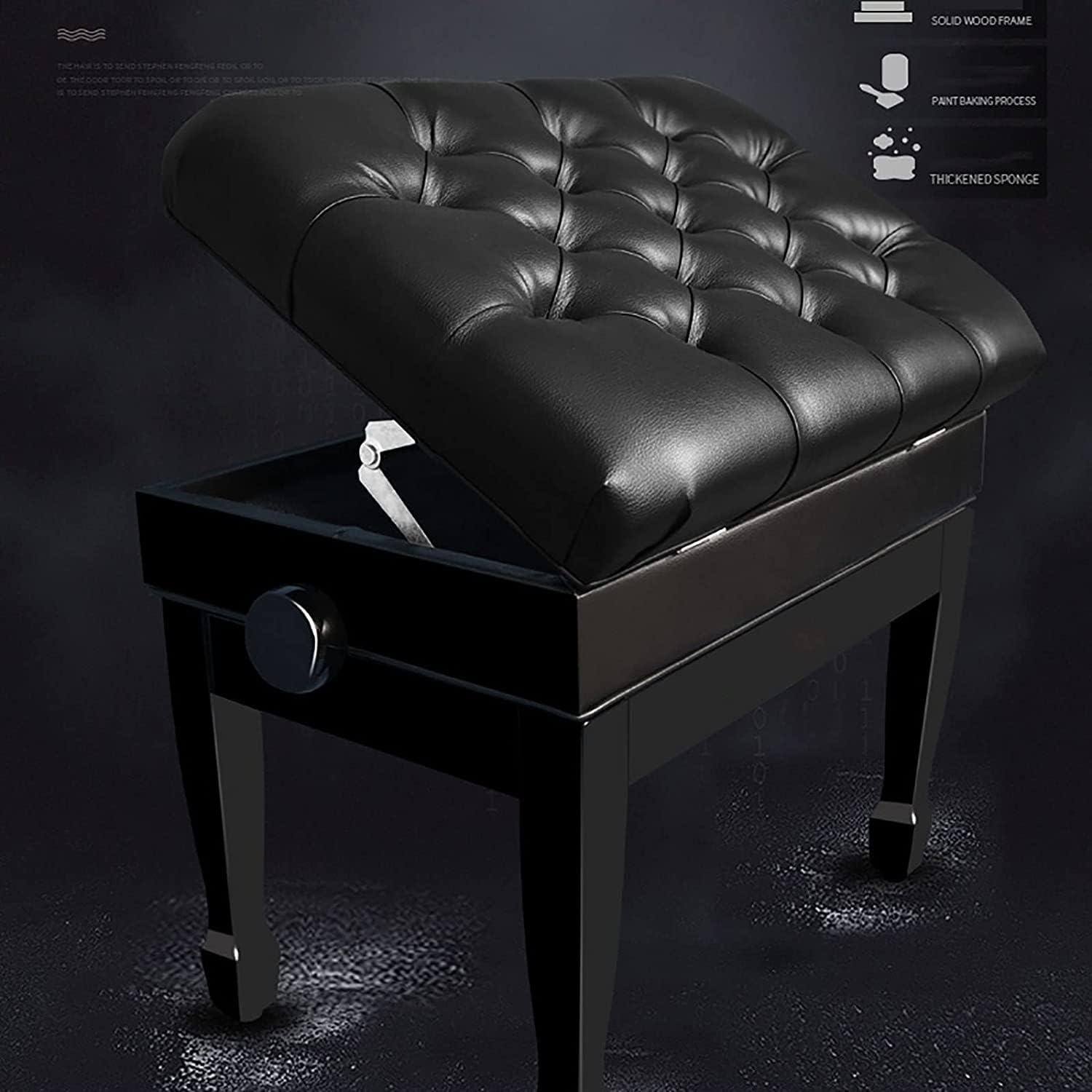 Ława do pianina ze schowkami, rama z litego drewna, nośność do 200 kg, 60 x 40 x 48-58 cm, regulowana wysokość