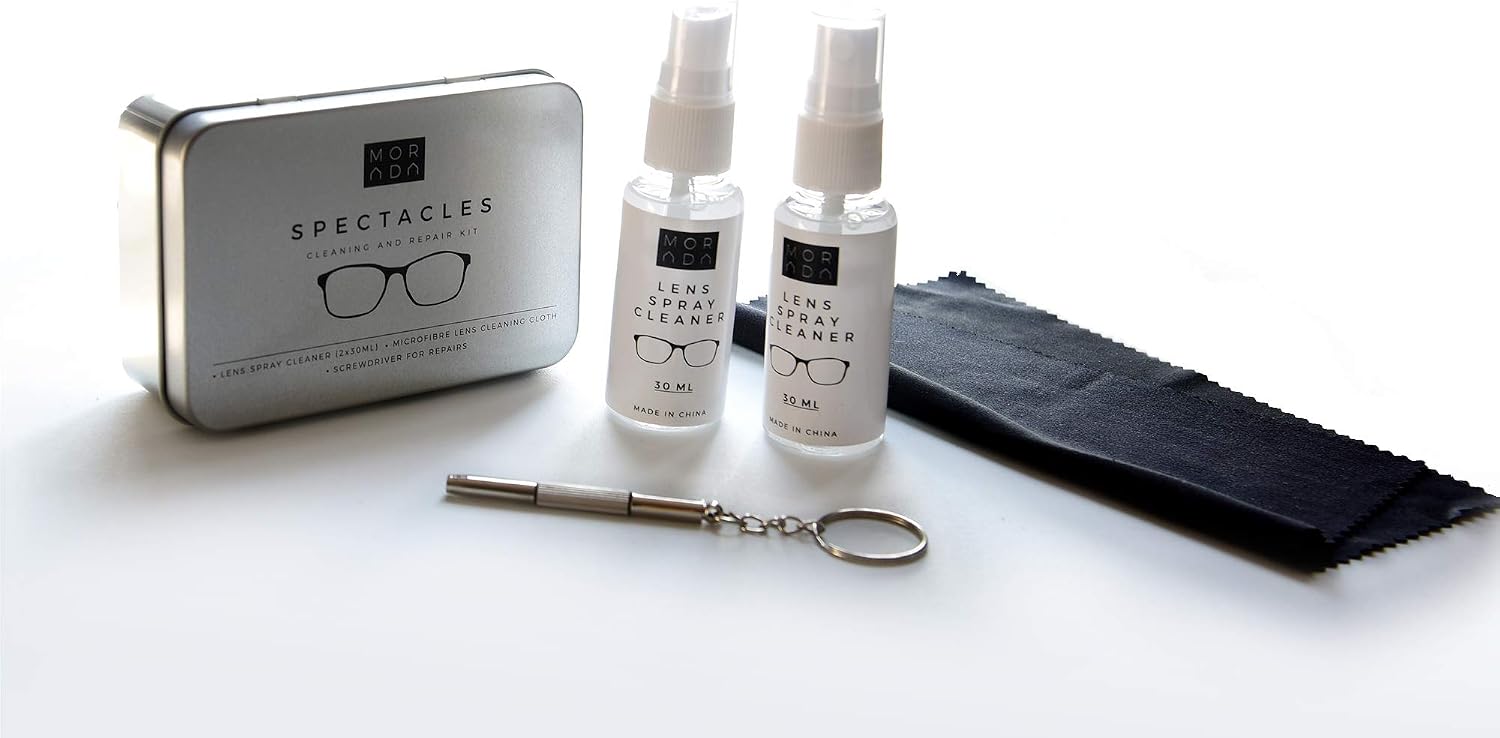 MORADA Glasses Cleaning kit | Convenient Eyeglass Care Set in Carry Tin | Includes Microfiber Cloth, Screwdriver for Adjustments and Lens Cleaner Spray for Eye Glasses | (Large Size Tin, 2X 1fl oz)