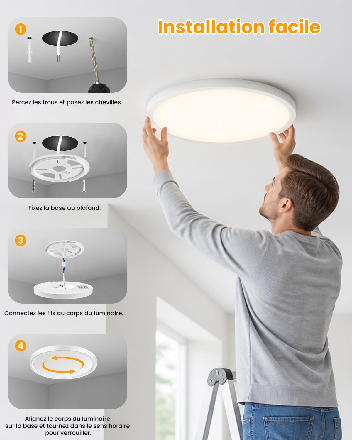 Plafonnier LED 14W, 4000K 3000LM Lampe Plafond, Rond 30CM | Ultra Plat, Étanche IP54, Moderne Éclairage de Plafond pour Cuisine, Chambre, Salle de Bain, Balcon