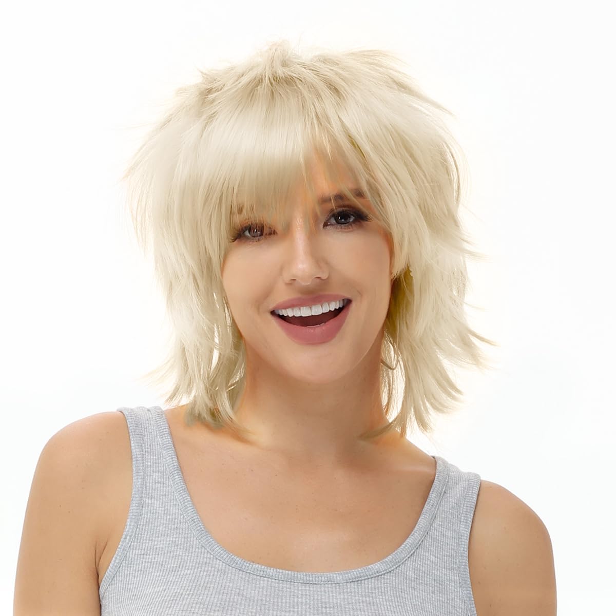 BUYOGET Anime Halloween Wig for Cosplay Party Synthetic Layered Short Hair Wigs with Bangs Platinum Blonde