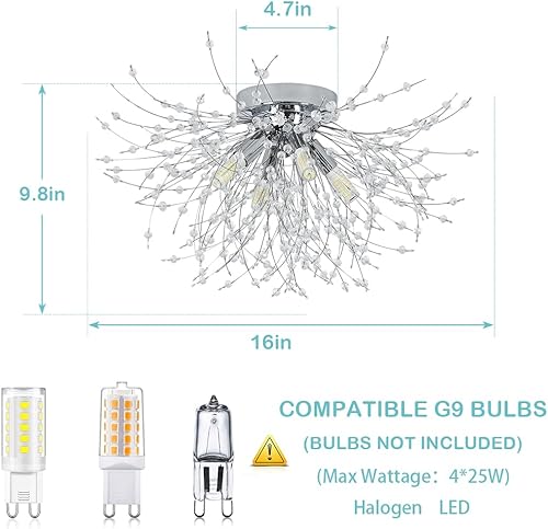 Miniatura 4 de HMVPL Lámpara de techo con 4 luces de cristal cromado, lámpara Sputnik moderna, adecuada para dormitorio, cocina, pasillo, armario, comedor