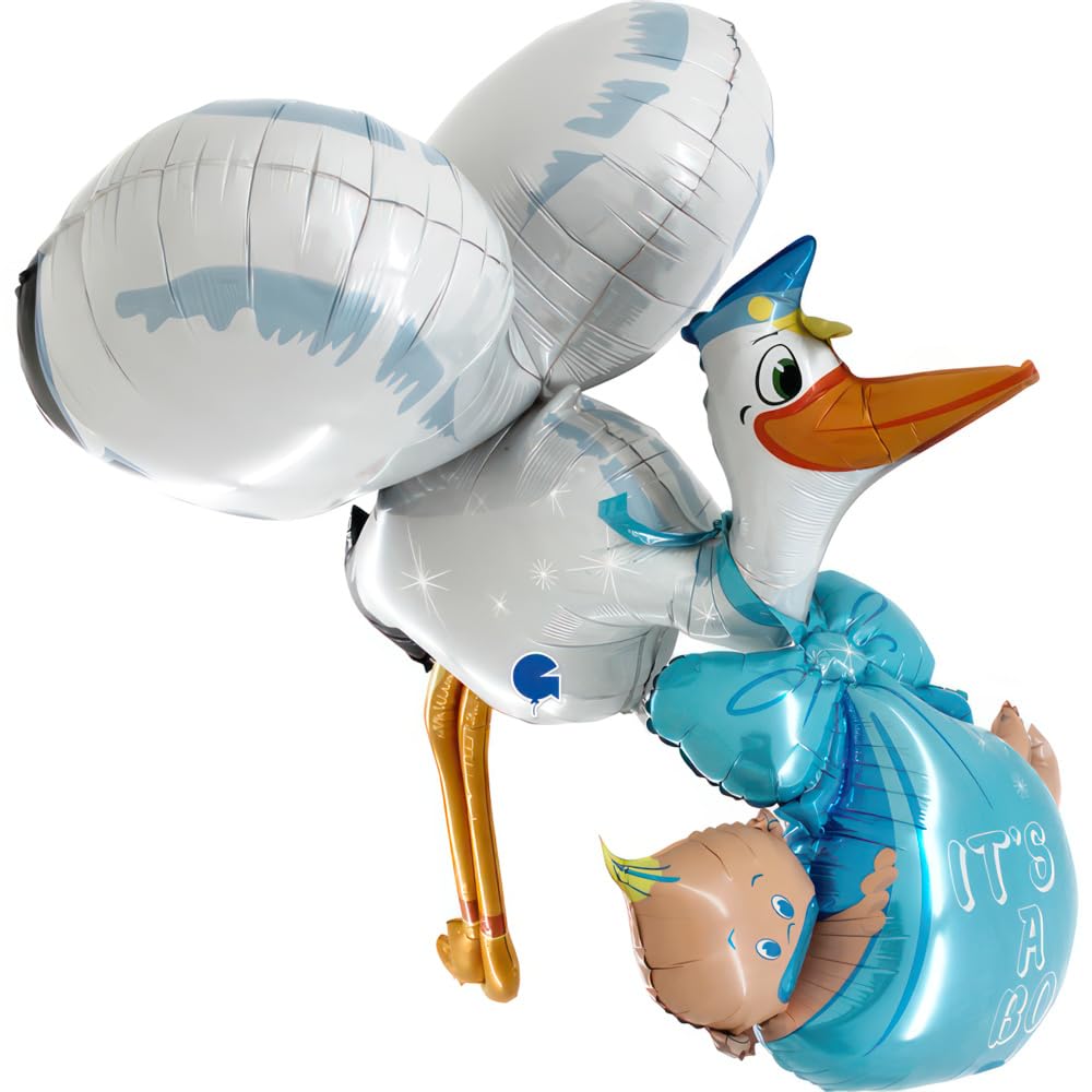 Folienballon XXL Zur Geburt – Storch Blau, Bis 110 Cm Hoch, Mit Automatikventil