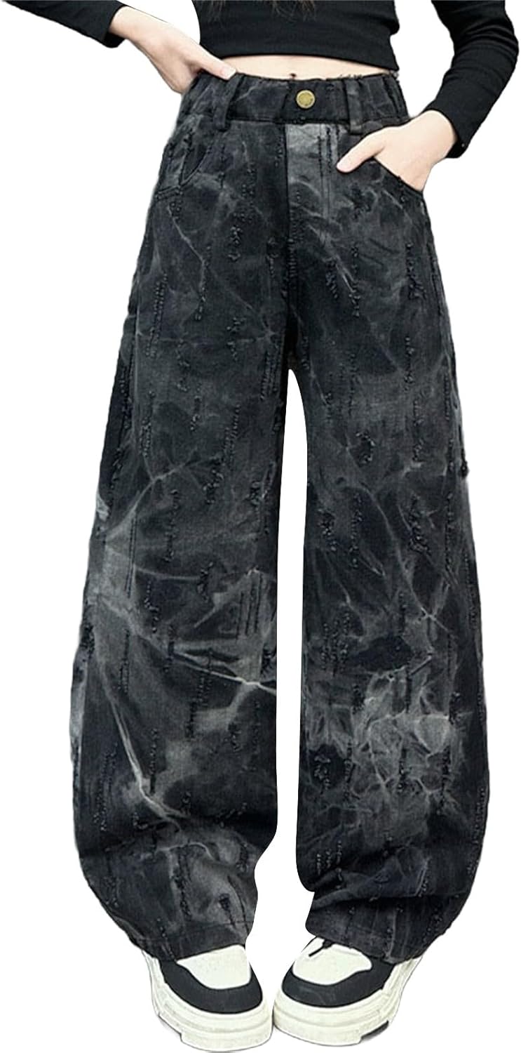 Girls Baggy Wide Leg Pants Summer Elastic Waist Jeans Pants Loose Fit Casual Straight Leg Pants with Pockets