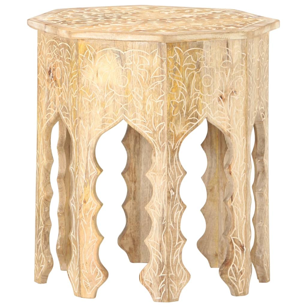 SXZenSpace Side Table ø48 cm Solid Mango Wood Hand-Carved Whitewashed End Small Coffee for Living Room Bedroom Hallway