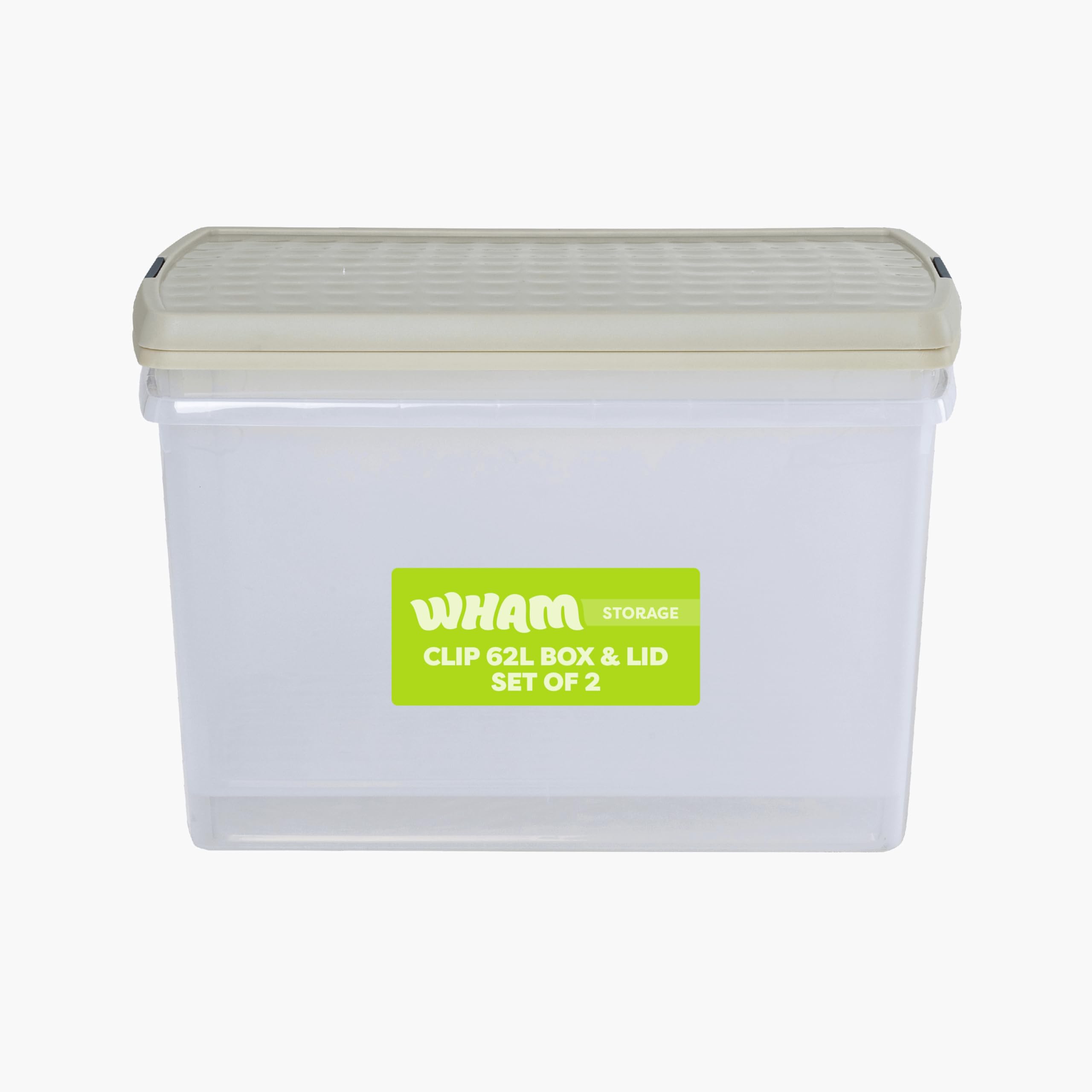 Wham Clip 2 x 62L Rectangular Stackable Plastic Storage Boxes with Lids | Ideal for Home, Office, Toys & More | Storage Containers with Clip Locks | Made in UK - Clear/Stone
