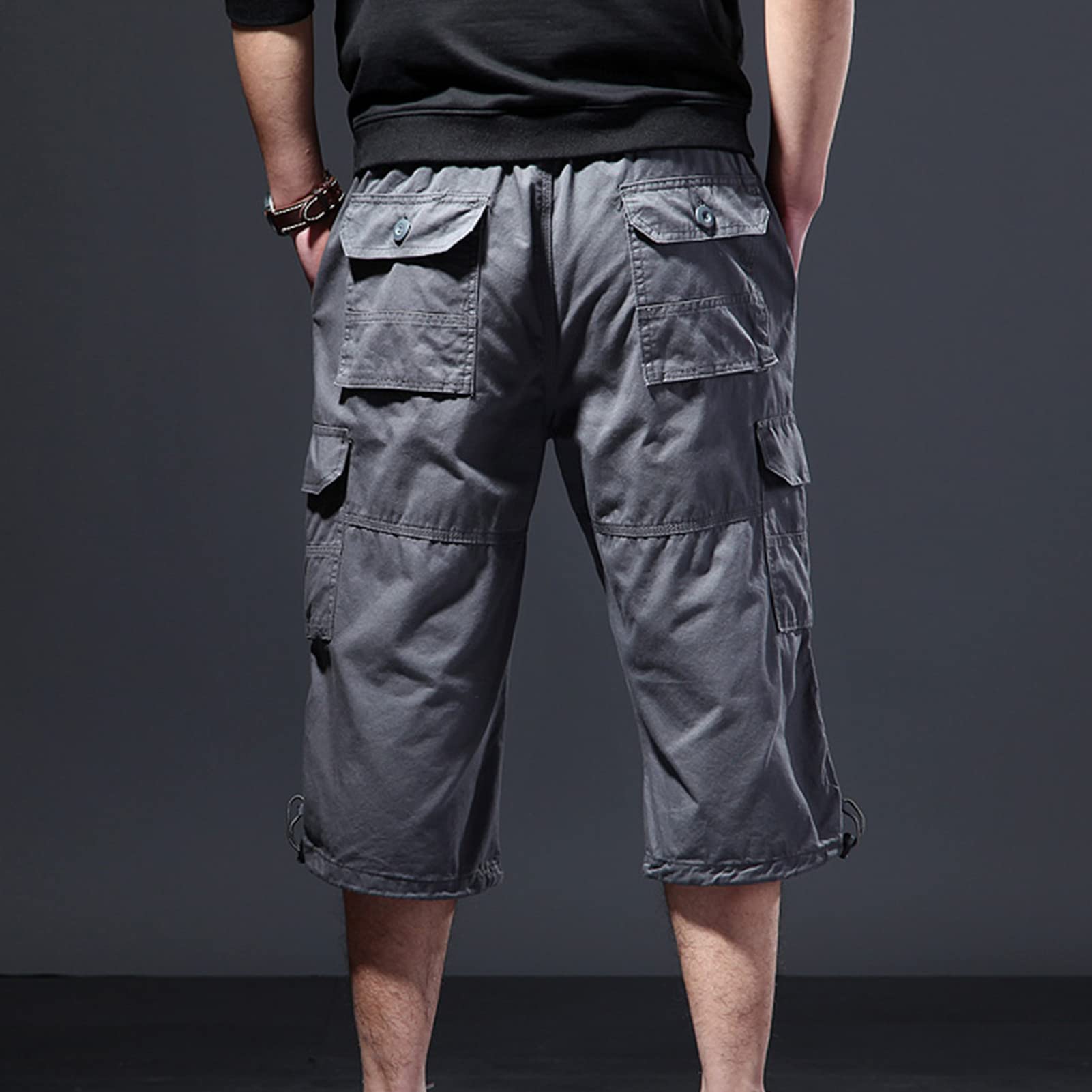 Maiyifu-GJ Men's Lightweight 3/4 Long Cargo Shorts Cotton Elastic Waist below Knee Shorts Multi-Pockets Capri Short Pant (Grey,5X-Large)