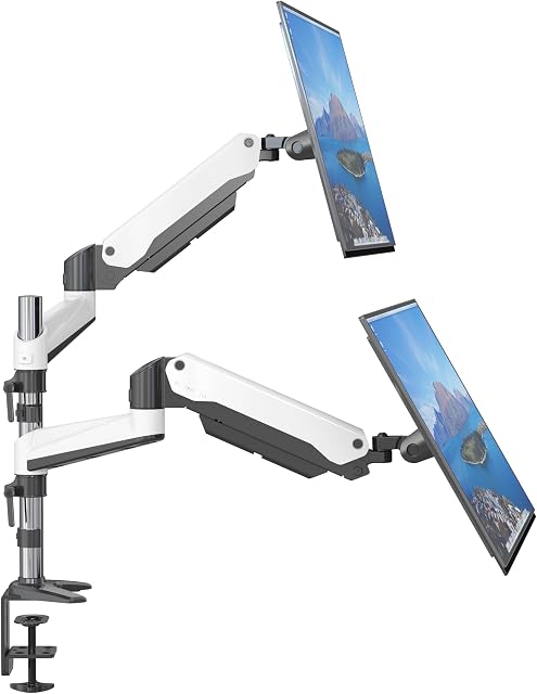 SHOPPINGALL Dual Monitor Mount with Height Adjustable Gas Spring Double Arm Monitor Stand with 2 Swing Arms for 15”-32” Computer LCD Screens with C Clamp/Grommet Mounting Base- SA-GA24-White
