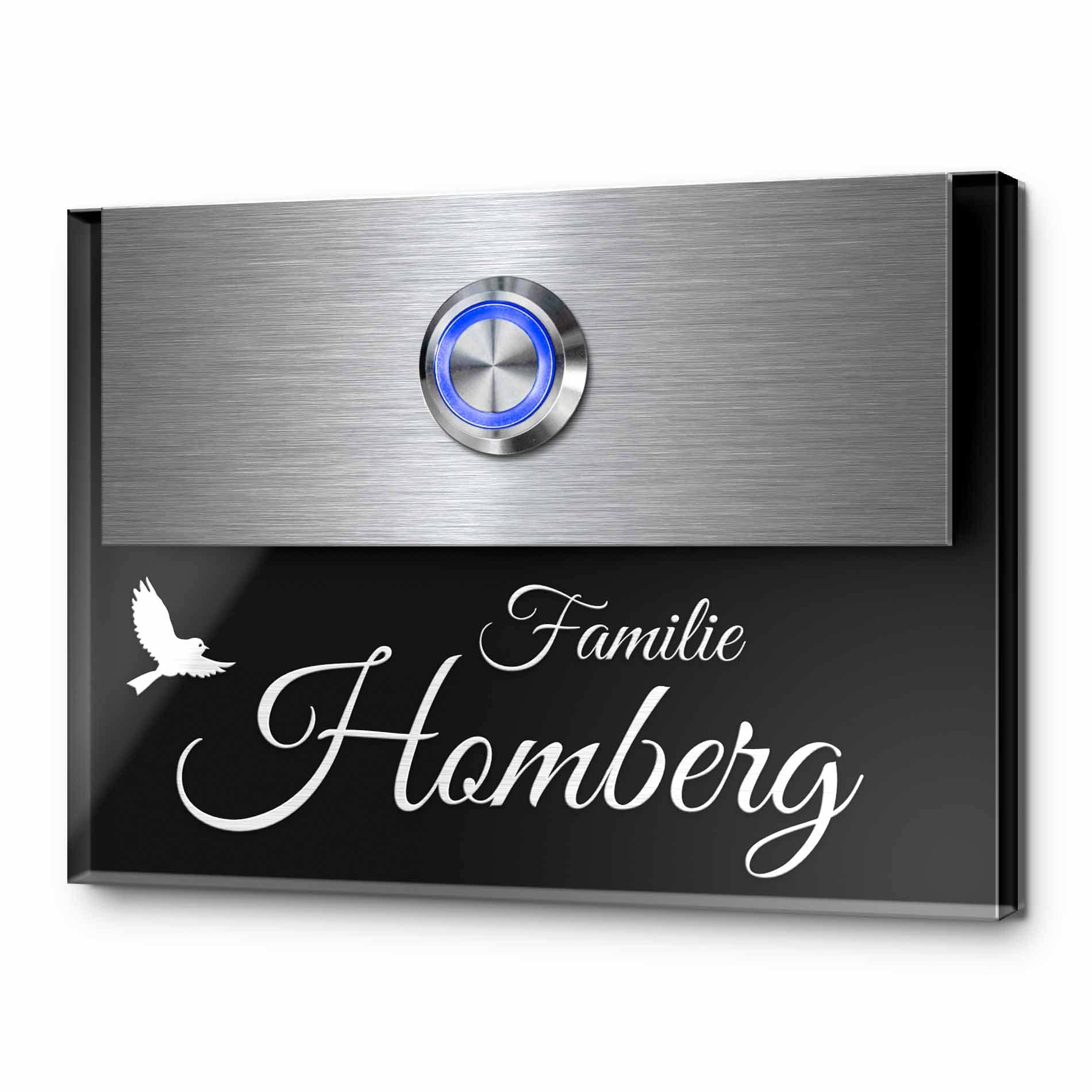 Edle Türklingel mit Gravur und LED-Klingelknopf und über 99 Motive personalisierbar 11x8 cm | Modell: Homberg-Aa | gravierte Klingel aus Hochglanz Acrylglas und Edelstahl Klingelschild Klingelplatte