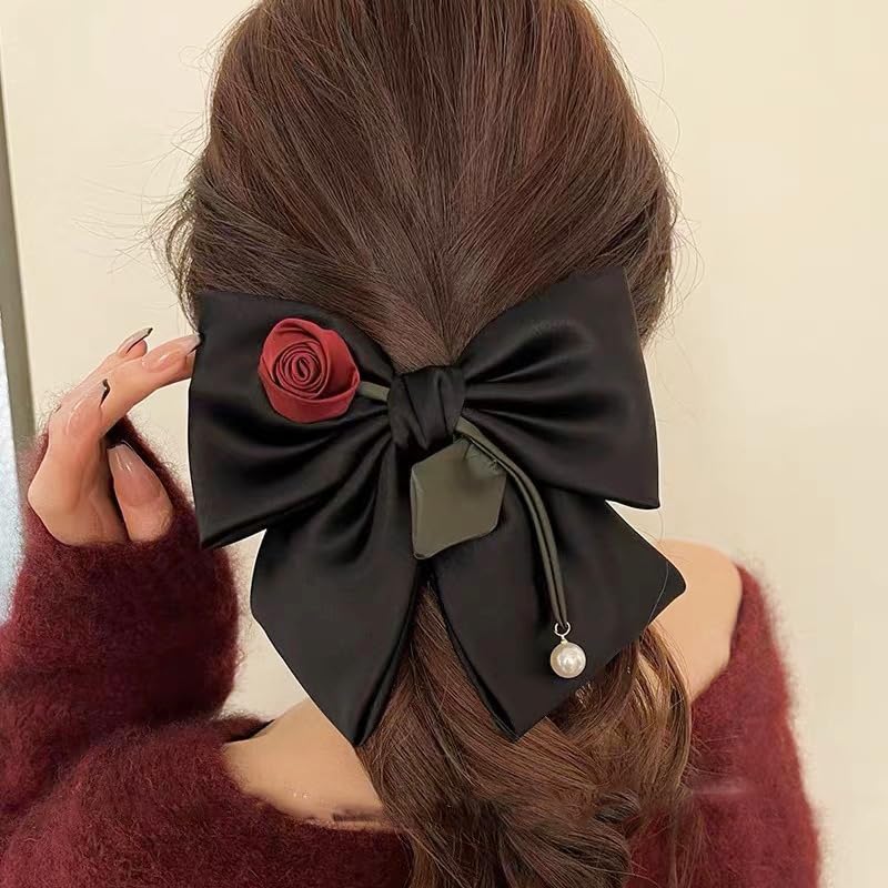 Miniatura 2 de Pinzas para el cabello con lazo negro para mujeres y niñas, con lazo de satén sedoso, pasador de pelo grueso, lazos de cinta de perlas, grandes