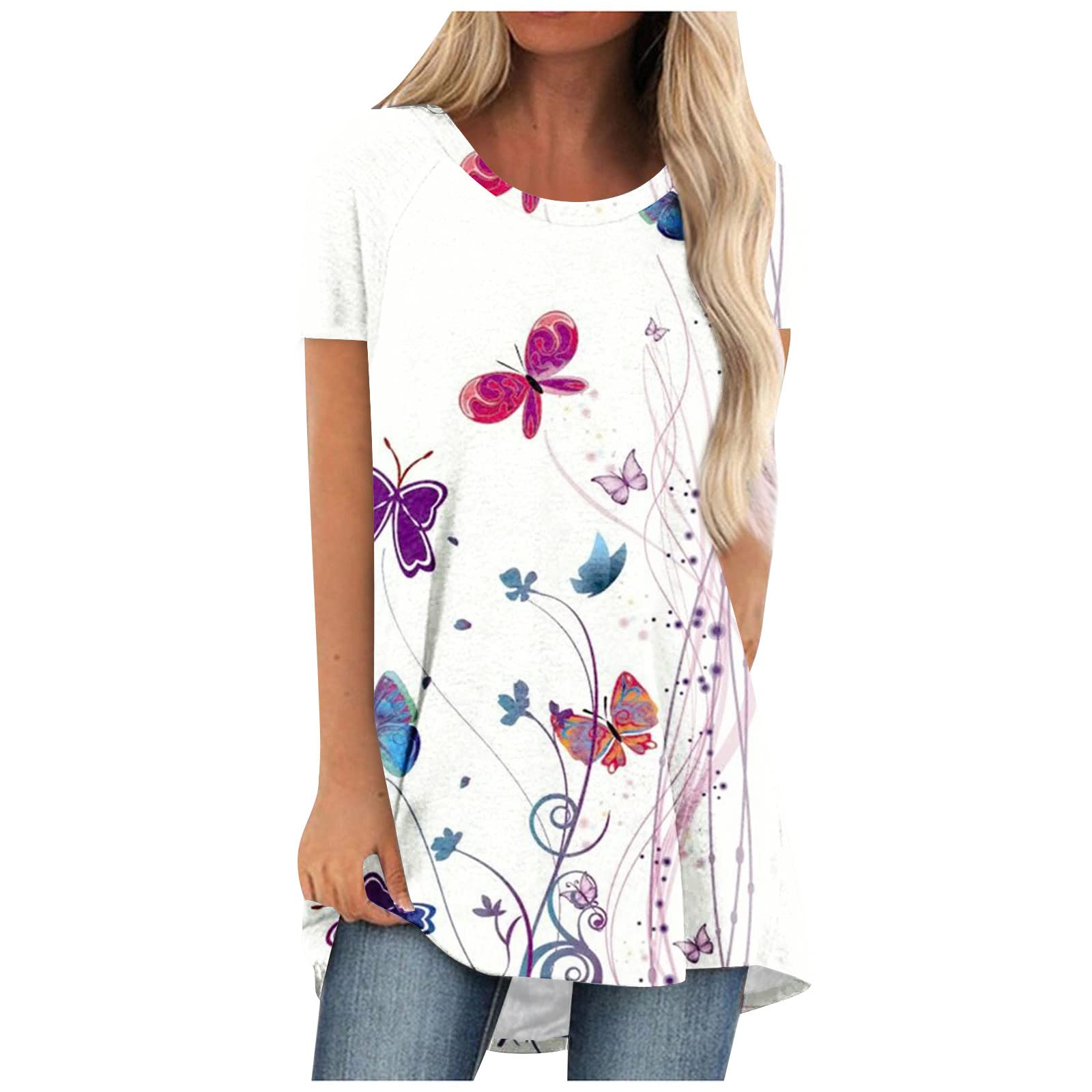 Womens Floral Print Summer Casual Shirts Short Sleeve Tunic Tops Crewneck Oversized Loose Plus Size Blouse
