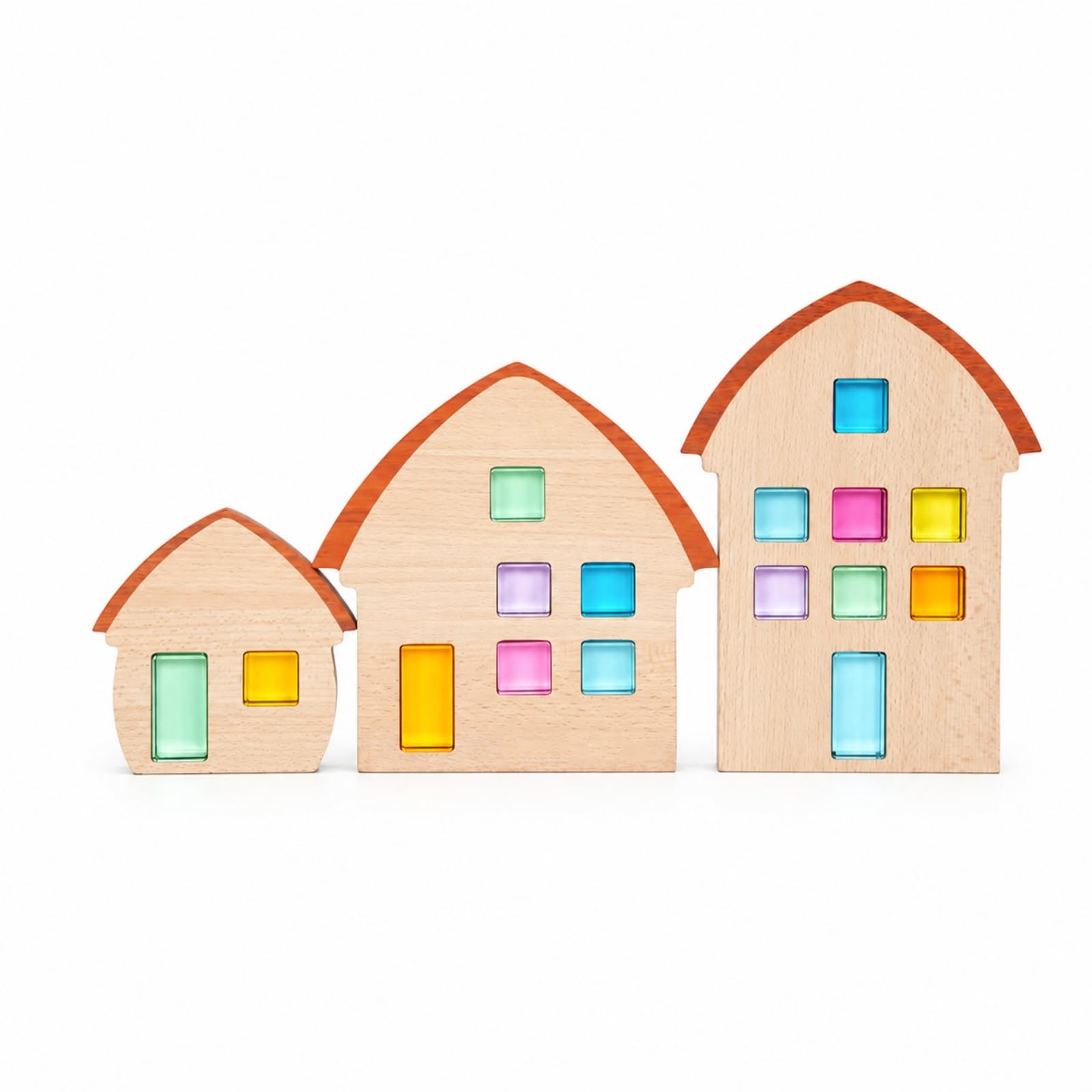 Kinder Bausteine Holz Häuser Set Bausteine Holzbausteine Holzspielzeug Deko Häuser mit Bogenförmigem Dach Und Abgerundeten Kanten aus Buche Und für Kinderzimmer Wohnzimmer Regal