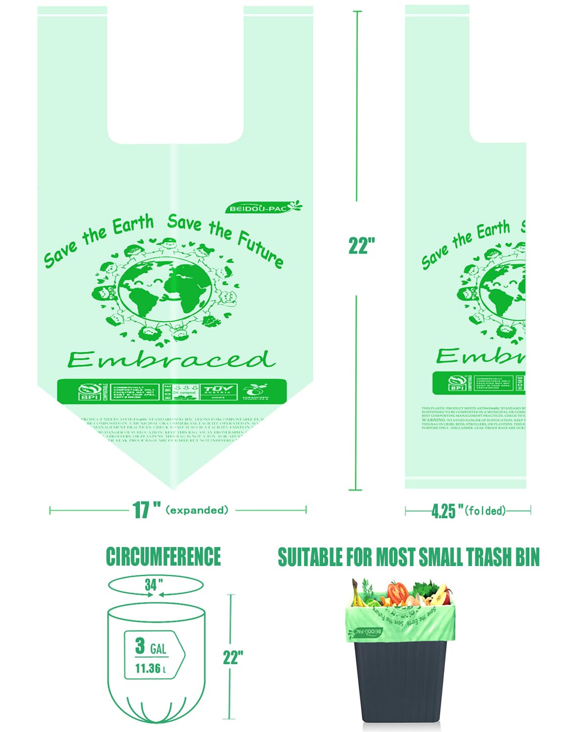 BEIDOU-PAC Bolsas de basura 100% compostables, bolsas de compostaje de 3 galones, bolsas de basura pequeñas de cocina con asa, 100 bolsas de basura biodegradables resistentes, bolsas de basura de