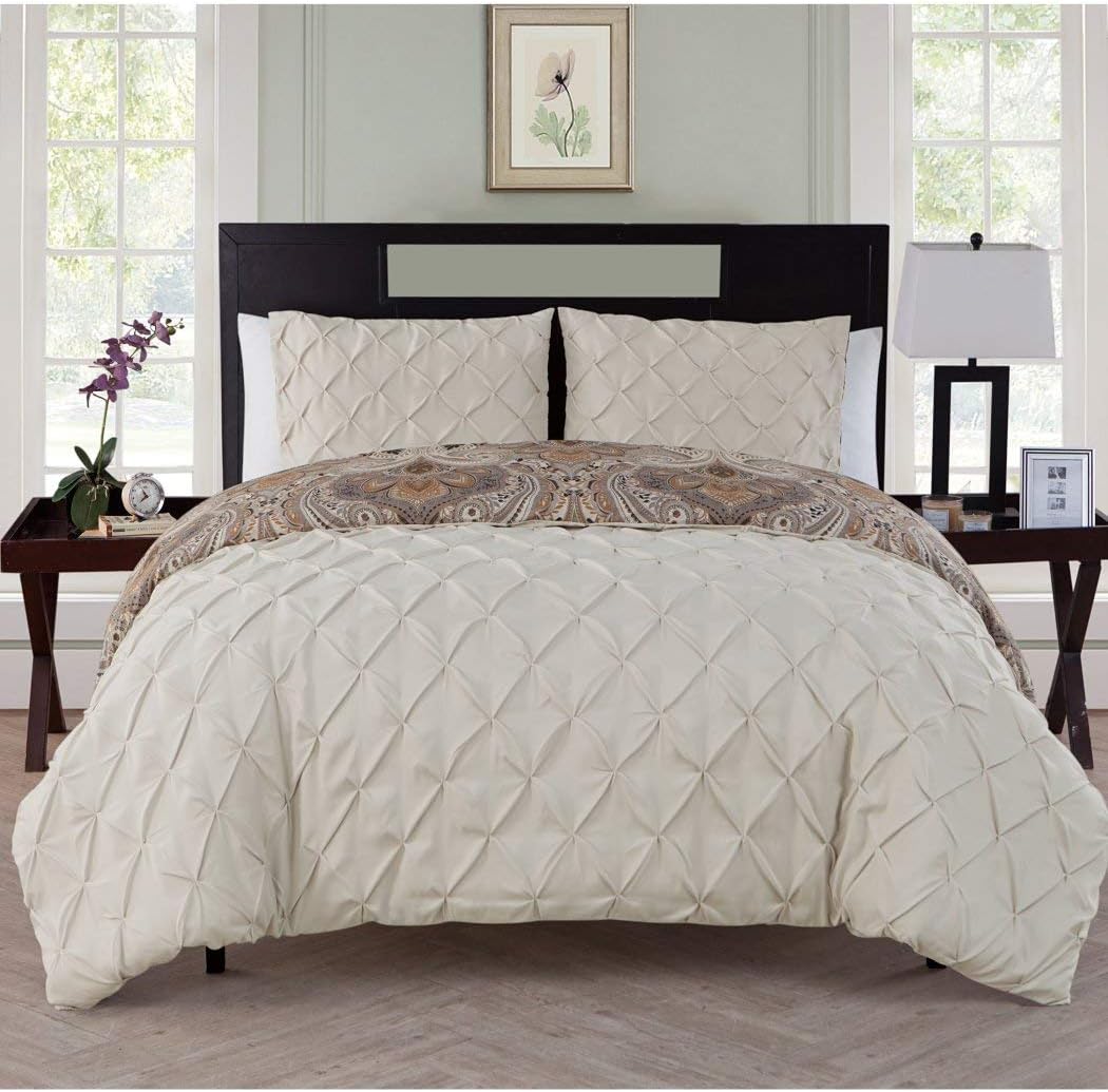 3pc Off White Beige Grey Pinch Pleated Damask Themed Duvet