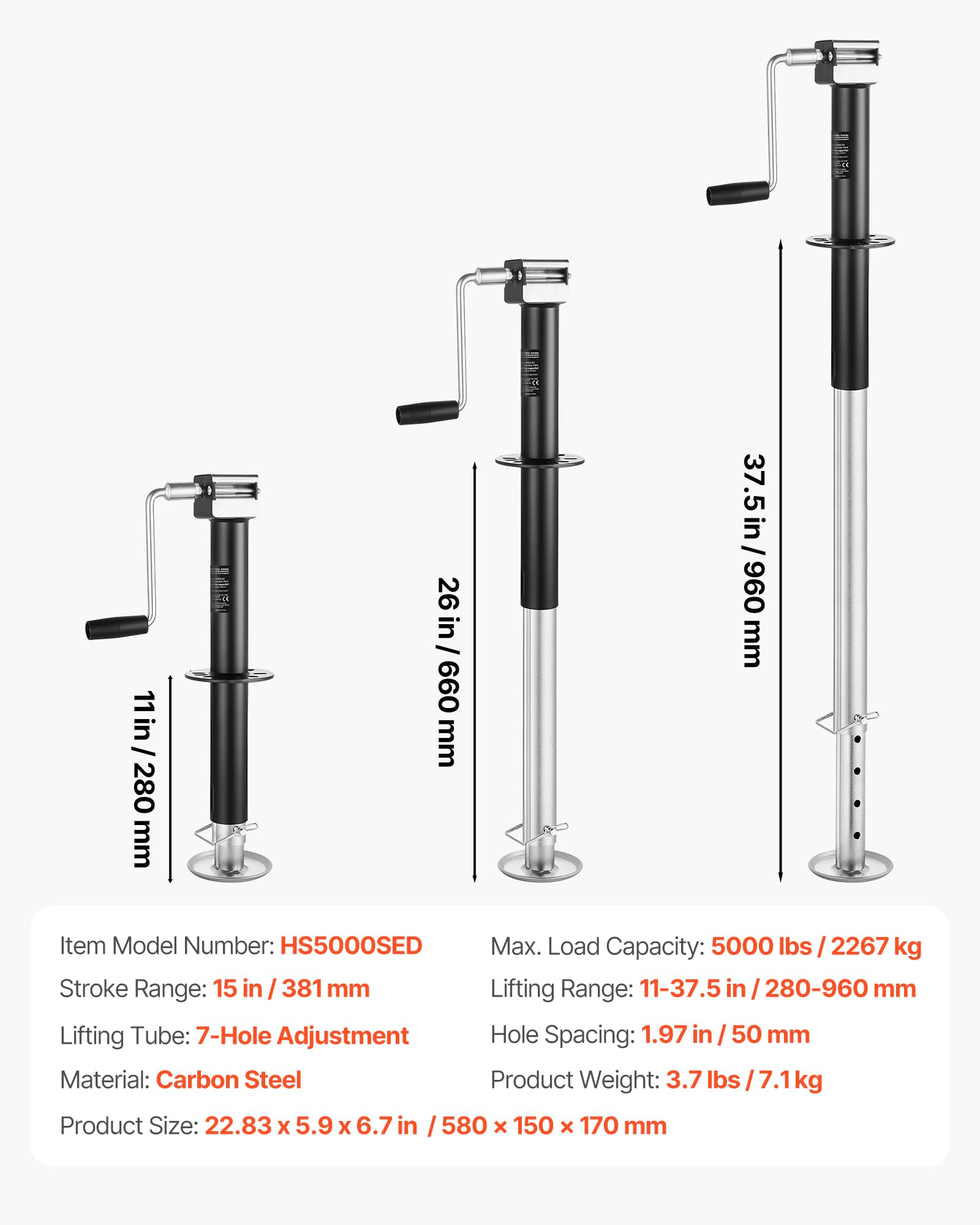 VEVOR Gato para Remolque Tipo A, Capacidad de 2267 kg, Carrera Vertical de 381 mm, con Pie Ajustable de 7 Niveles, Casquillo para Taladro, para Remolques de Caravanas, Utilitarios y de Yates