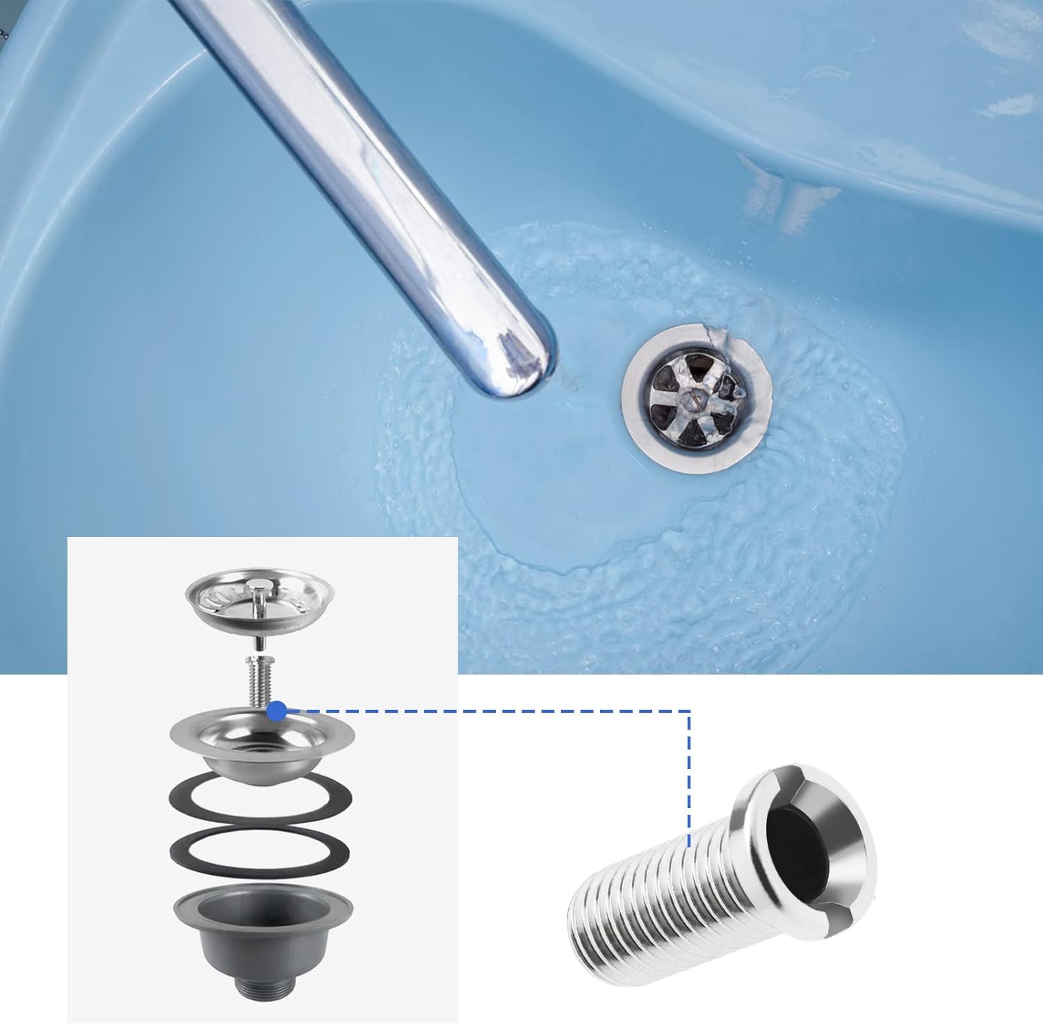 2pcs Kitchen Sink Strainer Screw Thicken 304 Stainless Steel Strainer Waste Threaded Screw