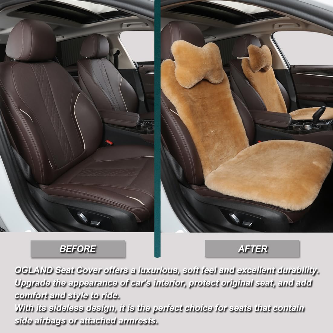 OGLAND 2 Pack Fur Fuzzy Sheepskin Car Seat Covers for Universal Auto Plush Seat Cushion Accessories Automobiles (Honey Beige)