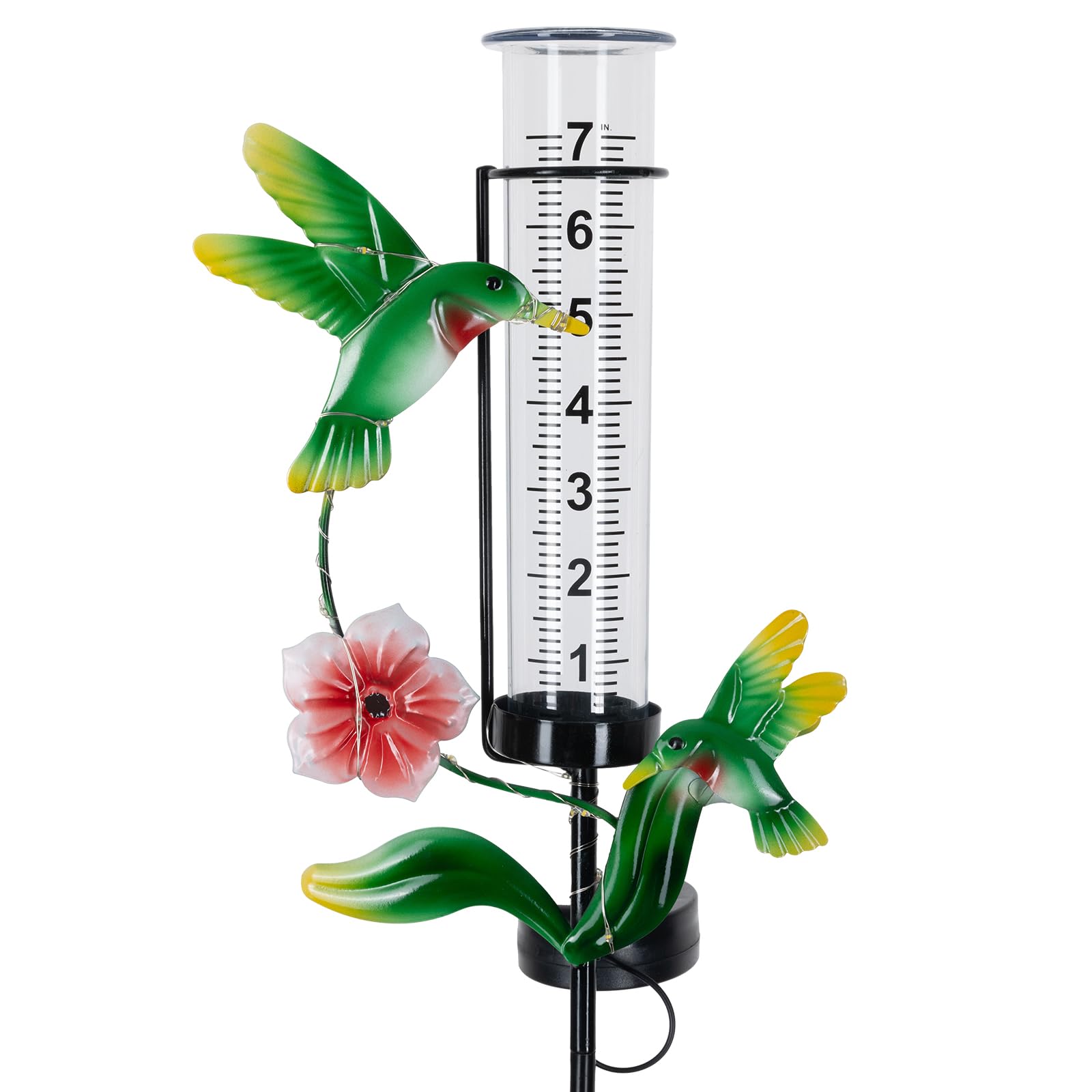 Rain Gauge Outdoor, Solar Stake Hummingbird Rain Gauges for Yard Outdoors Best Rated with LED Lights, 7