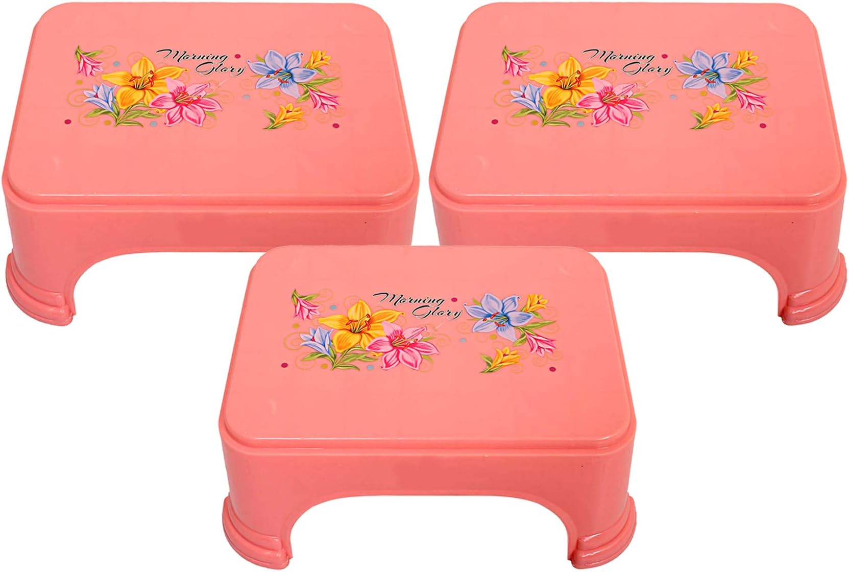 Kuber Industries Floral Print 3 Pieces Plastic Bathroom Stool, Adults Simple Style Stool Anti-Slip with Strong Bearing Stool for Home, Office, Kindergarten, Pink-KUBMART10867