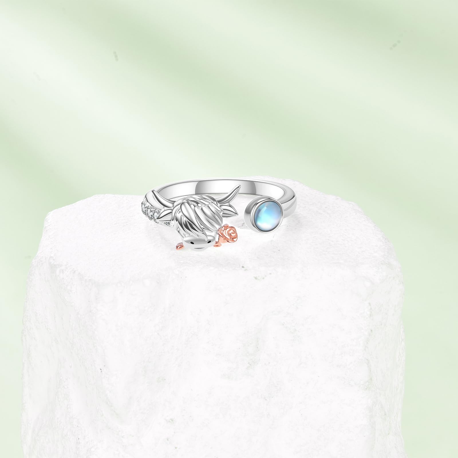 URONE Highland Rind Ring 925er Sterling Silber Mondstein Kuh Offene Ringe Süßer Tier Schmuck Geschenke für Damen