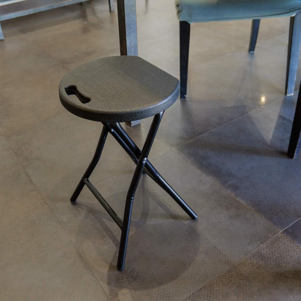Tabourets pliants x2 - Ht 46cm - Tabouret pliable de Jardin, Terrasse, Balcon - Noir - Siège résine Structure Acier - Poignée