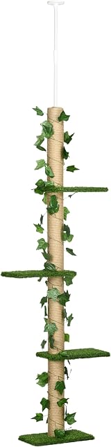PawHut 242cm Floor to Ceiling Cat Tree, Height Adjustable Kitten Tower w/ Anti-Slip Kit, Highly Simulated Multi-Layer Activity Centre w/ Perches, Scratching Post - Green