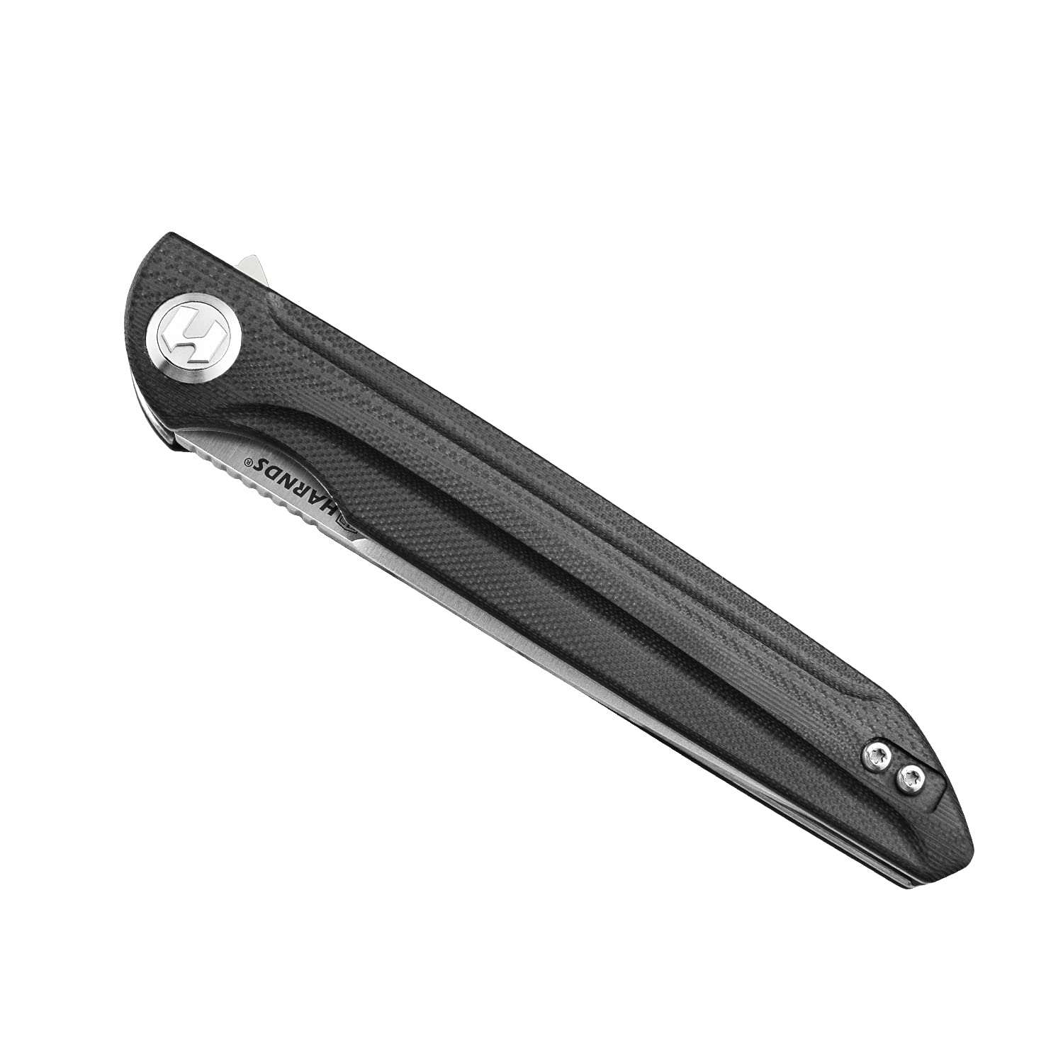 Harnds Cuchillo plegable para exteriores Assassin Sandvik 14C28N Cuchillo de caza para camping con mango G10 Acabado de la hoja satinado Cuchillo plegable (Negro y satinado/Schwarz+Satin)
