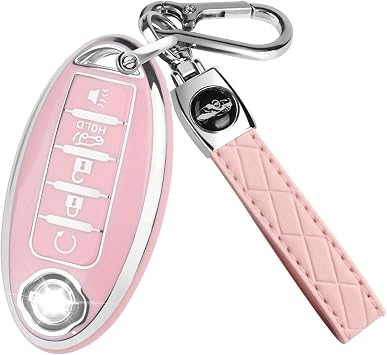 QBUC for Nissan Key fob Cover,Soft TPU 360Car Key Case Protector with Keychain Compatible with Altima Sentra Rogue Pathfinder Murano Armada Maxima Versa ect 5 Buttons Smart KeysPink