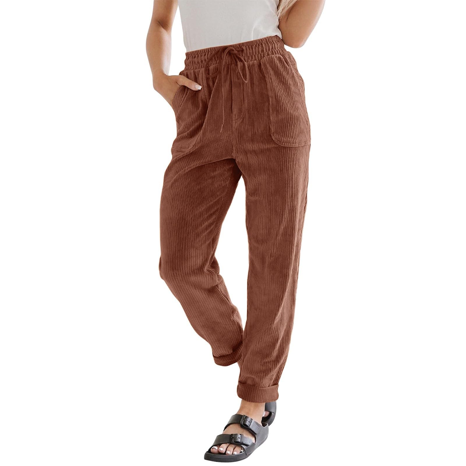 Corduroy Pants for Women High Waisted Pull On Straight Leg Dress Pants Comfy Business Casual Work Pants with