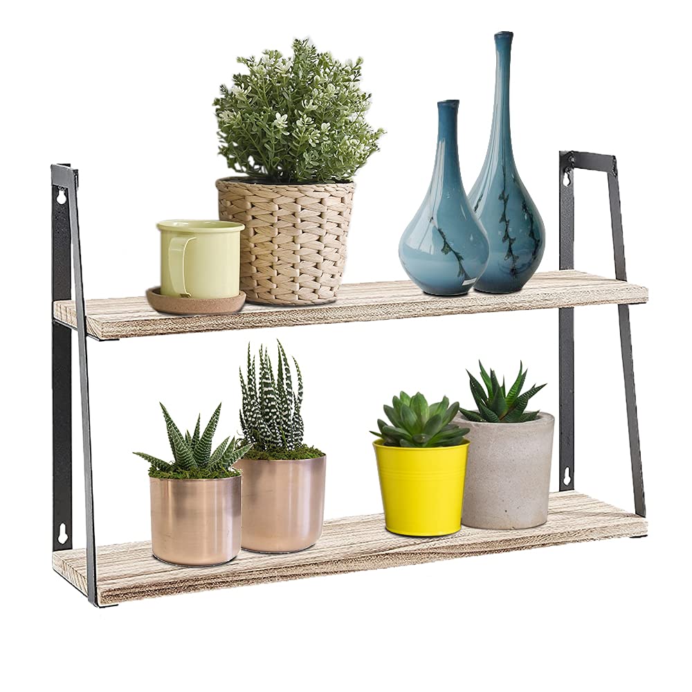 Halter Wall Mounted 2-Tier Floating Shelves, Rustic Wood