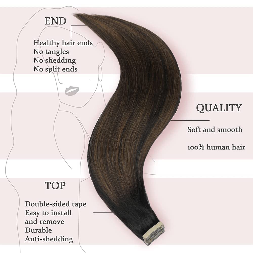 Hotlulana Extension Capelli Veri Biadesivo Nero Naturale Con Castano(#1B/1B/6) Extension Capelli Veri 24Pollici 40pcs 60cm 100g Extension Biadesive Capelli Veri Invisible Skin Weft Tape in Extensions