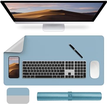 Leather Desk Pad Protector, Mouse Pad,Office Desk Mat, PU Leather Dual Side Large Mouse Pad, 11.8"x23.6" Gray + Blue Non-Slip and Waterproof Writing Mat for Office Work/Home/Decor