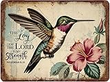 Christian Hummingbird Metal Sign with Nehemiah 8:10 – Inspirational Bible Verse Farmhouse Wall Decor – Vintage Floral Scripture Plaque for Home or Garden, 5.5x8 in