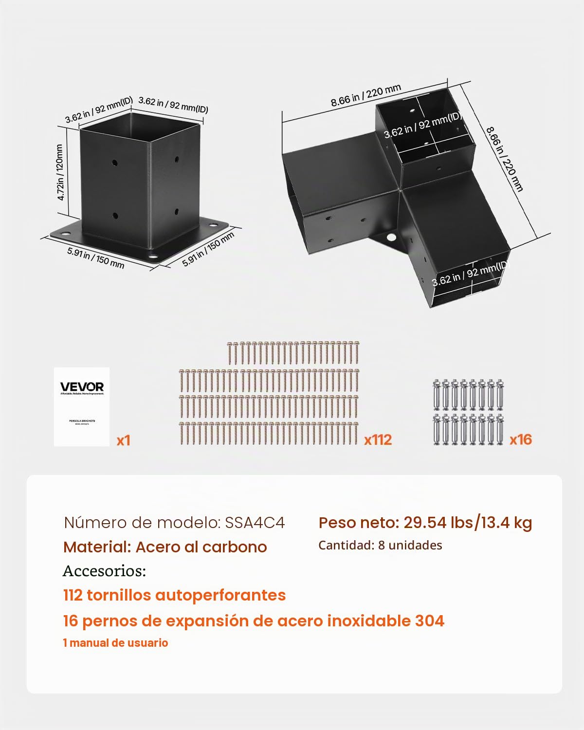 VEVOR Kit de Soportes de Esquina Resistentes de 3 Vías a Pérgola 10 x 10 cm, a Postes de Carpintería, Fácil Instalación, Vigas de Madera a Cenadores, Pérgolas de Patio y Cabañas de Madera, 8 uds