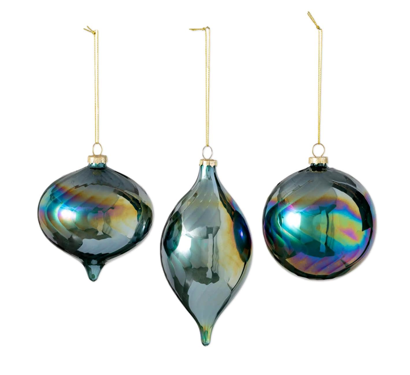 Sullivans Iridescent Blue Green Bulb Ornaments - Set of 3 - Luminous Green Glass Ornaments for Holiday Decor - Shiny Ball, Onion, and Drop Christmas Ornaments