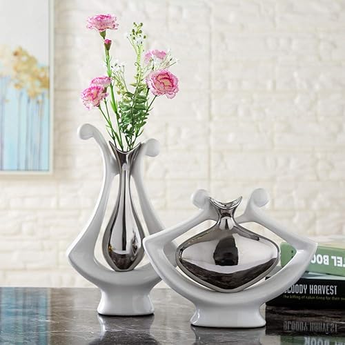 Miniatura 7 de Anding Florero de cerámica Estatua Florero de plata Florero blanco Decoración del hogar Escultura decorativa de cerámica (Florero plateado-99691)