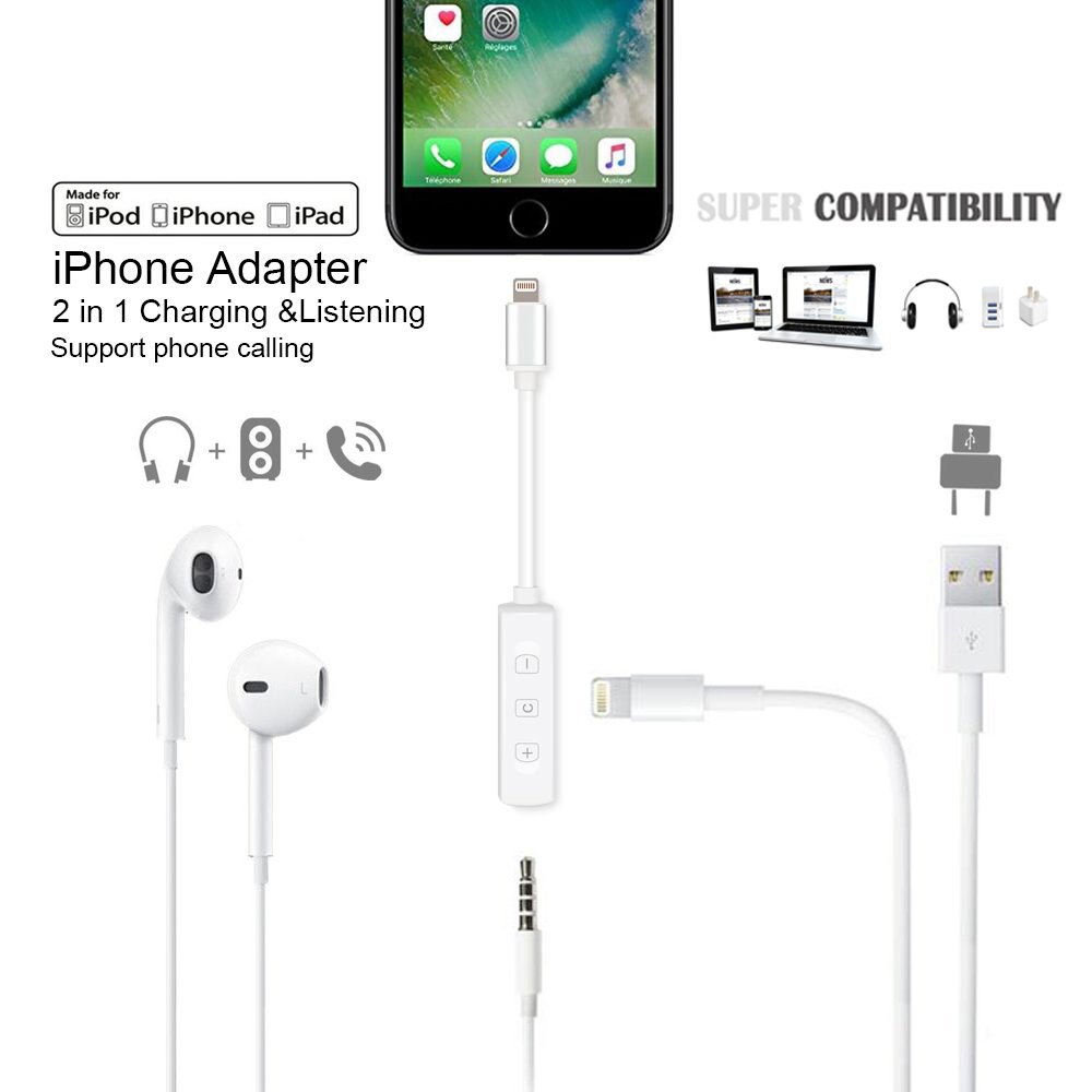 【 MFI certificado 】 Foval iPhone 7 adaptador de Audio, iPhone 7 Plus adaptador 2 en 1 Lightning adaptador – de carga y escucha, Lightning a 3,5 mm para auriculares
