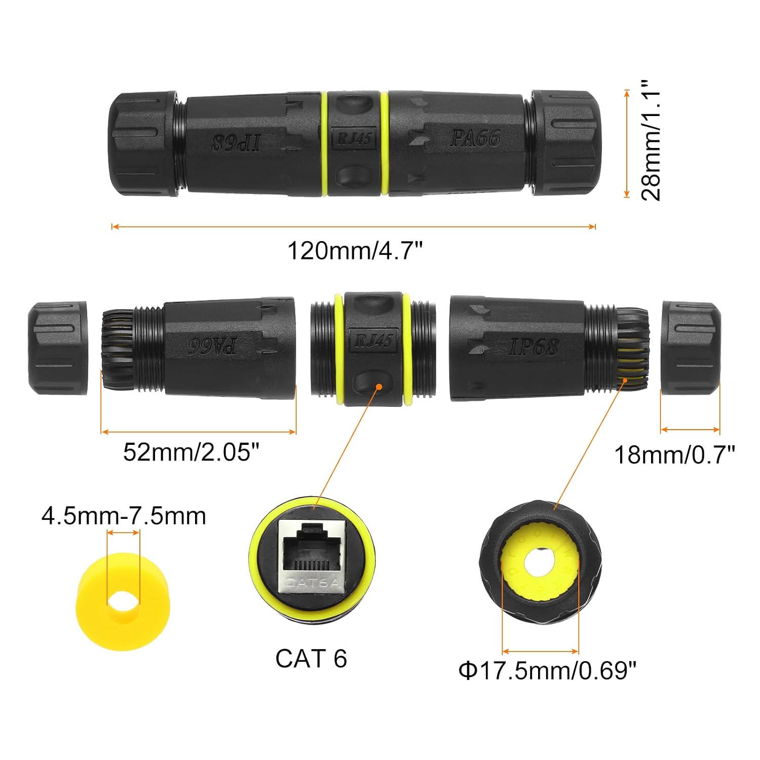 MECCANIXITY Waterproof RJ45 Coupler, Dual Head Shielded Female to Female Waterproof IP68 Ethernet Outdoor LAN Cable Connector for Cat5e/Cat6/Cat6A/Cat7, Pack of 2(Yellow)